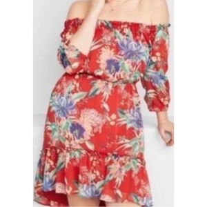 Off The Shoulder Floral Dress, Lined w/Sheer Sleeves